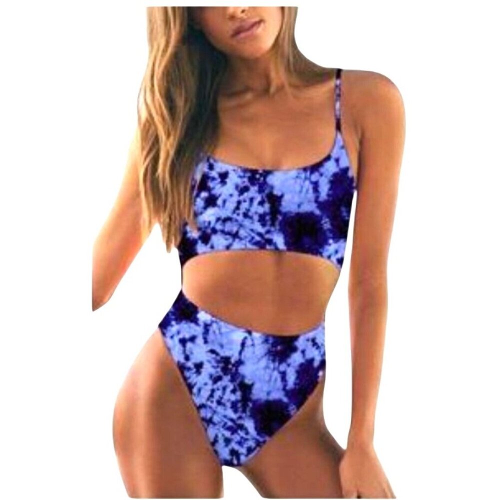 Meyeeka Womens XL Blue Tie-Dye Cut Out High Cut Lace Up Monokini 1 Pc Swimsuit